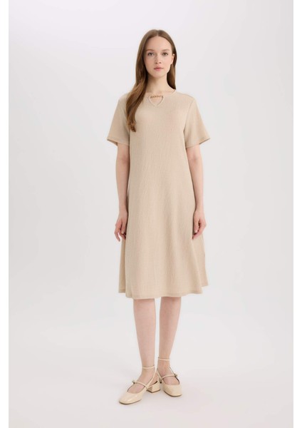 Regular Fit Apaş Yaka Basic Düz Bürümcük Kısa Kollu Midi Yazlık Elbise D3834AX25SM