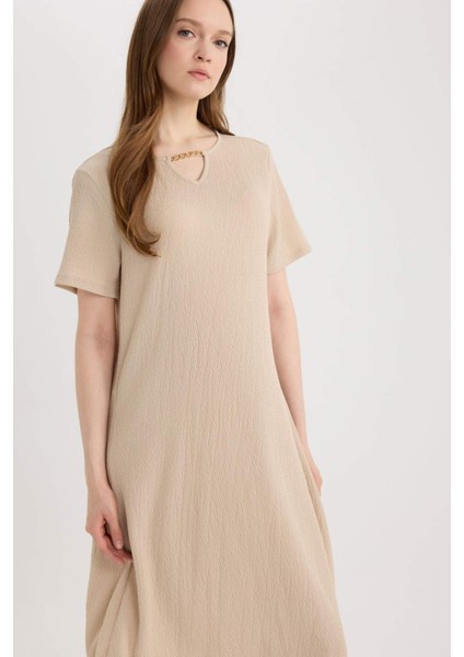 Regular Fit Apaş Yaka Basic Düz Bürümcük Kısa Kollu Midi Yazlık Elbise D3834AX25SM