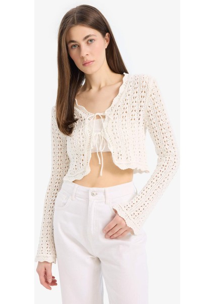 Regular Fit V Yaka Bağlamalı Kroşe Triko Hırka E7134AX25SM