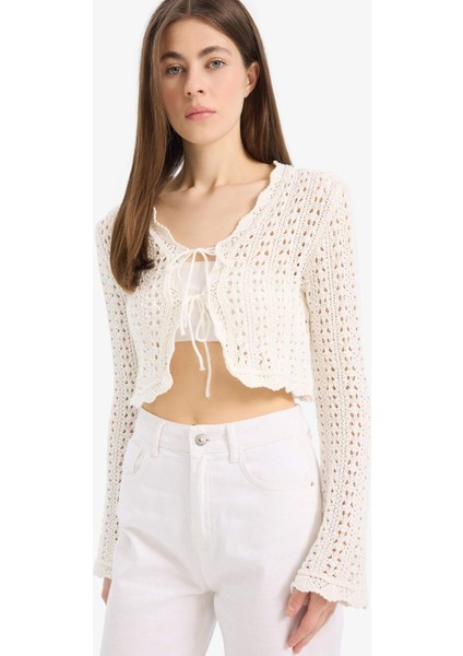 Regular Fit V Yaka Bağlamalı Kroşe Triko Hırka E7134AX25SM