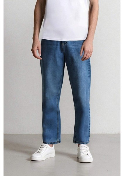 %100 Pamuk Baggy Fit Geniş Kalıp Normal Bel Geniş Paça Jean Pantolon B5783AX25SP