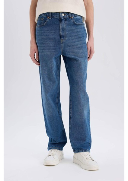 %100 Pamuk Baggy Fit Geniş Kalıp Normal Bel Geniş Paça Soluk Efektli Jean Pantolon D7318AX25SP