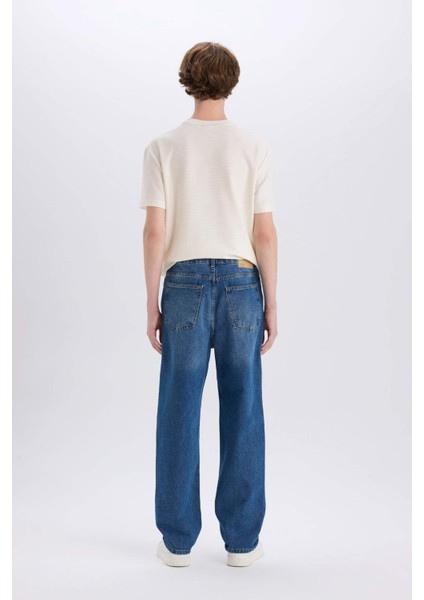 %100 Pamuk Baggy Fit Geniş Kalıp Normal Bel Geniş Paça Soluk Efektli Jean Pantolon D7318AX25SP