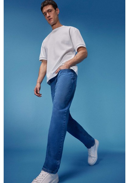 %100 Pamuk Baggy Fit Geniş Kalıp Normal Bel Geniş Paça Soluk Efektli Jean Pantolon D7318AX25SP