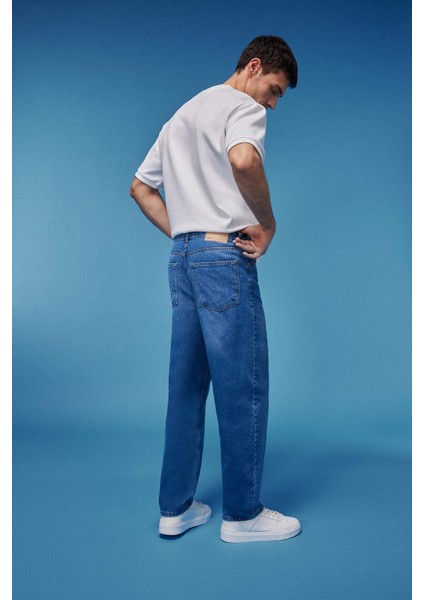 %100 Pamuk Baggy Fit Geniş Kalıp Normal Bel Geniş Paça Soluk Efektli Jean Pantolon D7318AX25SP