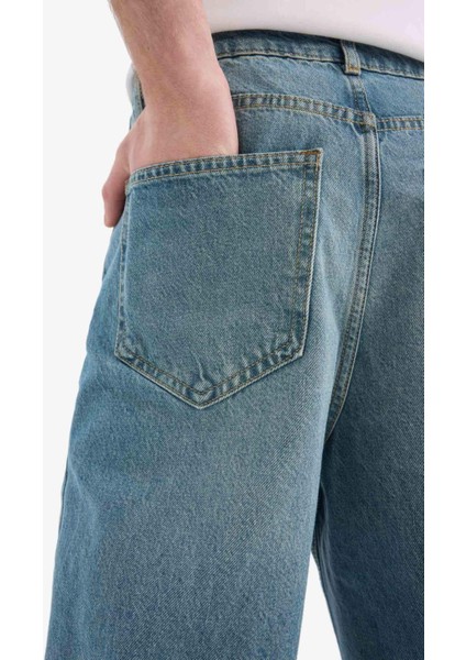 %100 Pamuk Baggy Fit Geniş Kalıp Normal Bel Geniş Paça Soluk Efektli Jean Pantolon D7279AX25SP