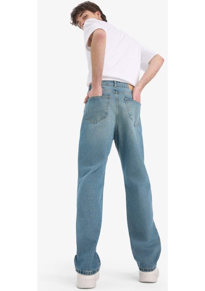 %100 Pamuk Baggy Fit Geniş Kalıp Normal Bel Geniş Paça Soluk Efektli Jean Pantolon D7279AX25SP