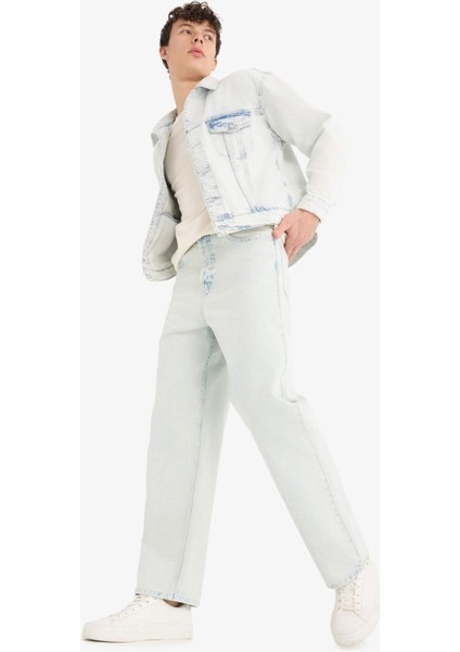 %100 Pamuk Baggy Fit Geniş Kalıp Normal Bel Düz Paça Jean Yıkamalı Pantolon D7317AX25SP