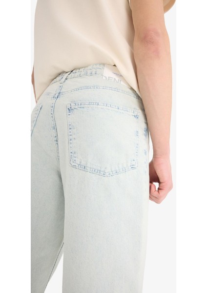 %100 Pamuk Baggy Fit Geniş Kalıp Normal Bel Düz Paça Jean Yıkamalı Pantolon D7317AX25SP
