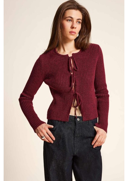 Regular Fit Bisiklet Yaka Bağlamalı Basic Düz Triko Hırka