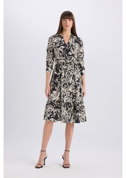 Gömlek Yaka Desenli Uzun Kollu Kuşaklı Midi Elbise E5995AX25SP