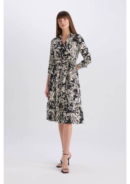 Gömlek Yaka Desenli Uzun Kollu Kuşaklı Midi Elbise E5995AX25SP