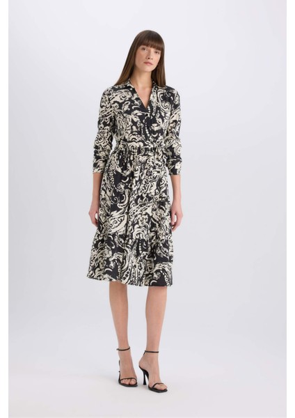 Gömlek Yaka Desenli Uzun Kollu Kuşaklı Midi Elbise E5995AX25SP