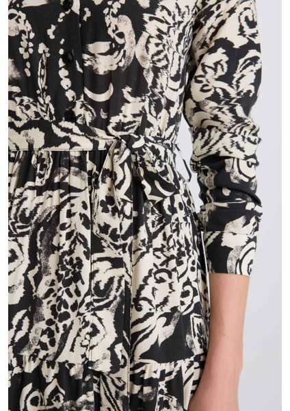 Gömlek Yaka Desenli Uzun Kollu Kuşaklı Midi Elbise E5995AX25SP