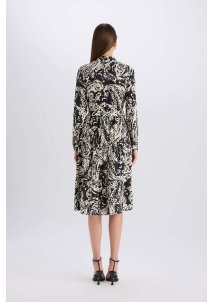 Gömlek Yaka Desenli Uzun Kollu Kuşaklı Midi Elbise E5995AX25SP