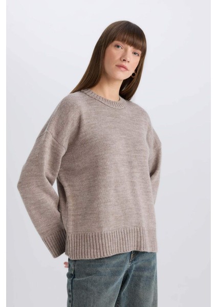 Oversize Geniş Kalıp Bisiklet Yaka Basic Düz Triko Kazak D0036Ax25Sp