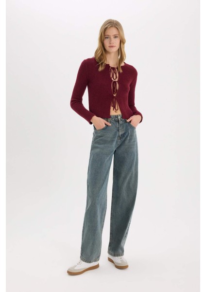 Regular Fit Bisiklet Yaka Bağlamalı Basic Düz Triko Hırka