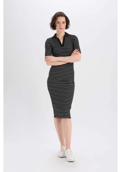 Bodycon Vücudu Saran Polo Yaka Fitilli Kaşkorse Kısa Kollu Midi Elbise E6792AX25SP