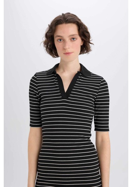 Bodycon Vücudu Saran Polo Yaka Fitilli Kaşkorse Kısa Kollu Midi Elbise E6792AX25SP