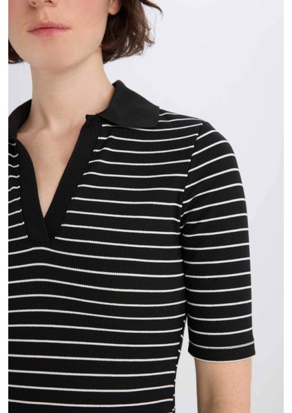 Bodycon Vücudu Saran Polo Yaka Fitilli Kaşkorse Kısa Kollu Midi Elbise E6792AX25SP