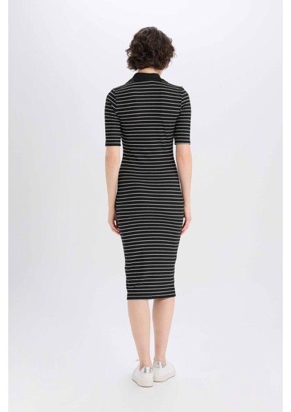 Bodycon Vücudu Saran Polo Yaka Fitilli Kaşkorse Kısa Kollu Midi Elbise E6792AX25SP