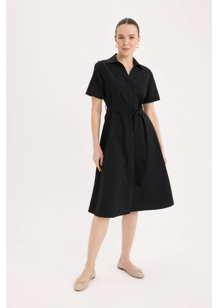 A Kesim Gömlek Yaka Kuşaklı Poplin Kısa Kollu Midi Elbise E7114AX25SP