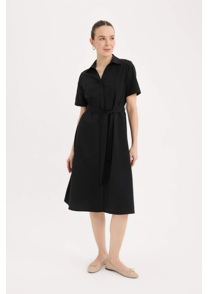 A Kesim Gömlek Yaka Kuşaklı Poplin Kısa Kollu Midi Elbise E7114AX25SP