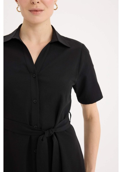 A Kesim Gömlek Yaka Kuşaklı Poplin Kısa Kollu Midi Elbise E7114AX25SP