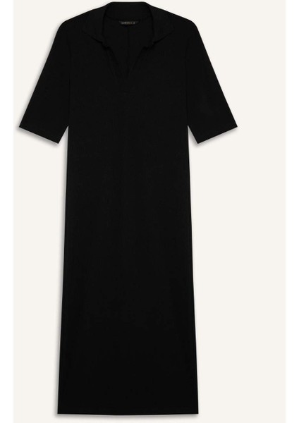 Bodycon Vücudu Saran Polo Yaka Fitilli Kaşkorse Kısa Kollu Midi Elbise E6806AX25SP