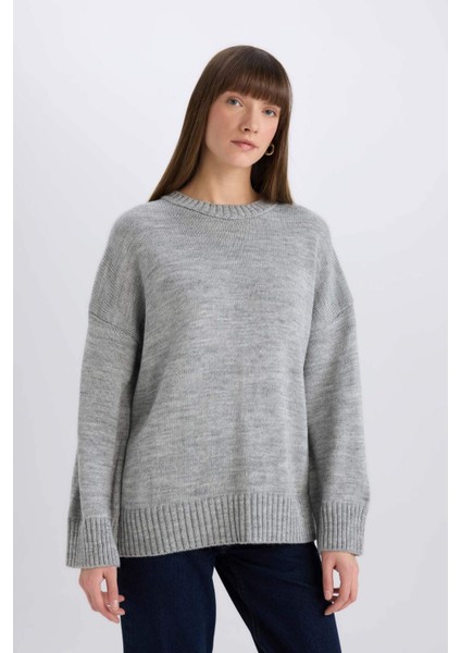 Oversize Geniş Kalıp Bisiklet Yaka Basic Düz Triko Kazak D0036Ax25Sp