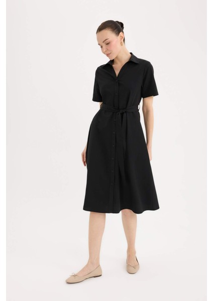 A Kesim Gömlek Yaka Kuşaklı Poplin Kısa Kollu Midi Elbise E7114AX25SP