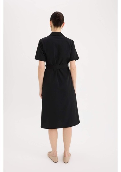 A Kesim Gömlek Yaka Kuşaklı Poplin Kısa Kollu Midi Elbise E7114AX25SP