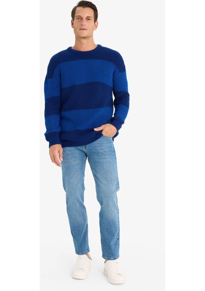 Oversize Geniş Kalıp Bisiklet Yaka Çizgili Triko Kazak E5372AX24WN