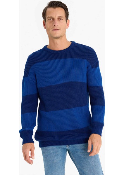 Oversize Geniş Kalıp Bisiklet Yaka Çizgili Triko Kazak E5372AX24WN