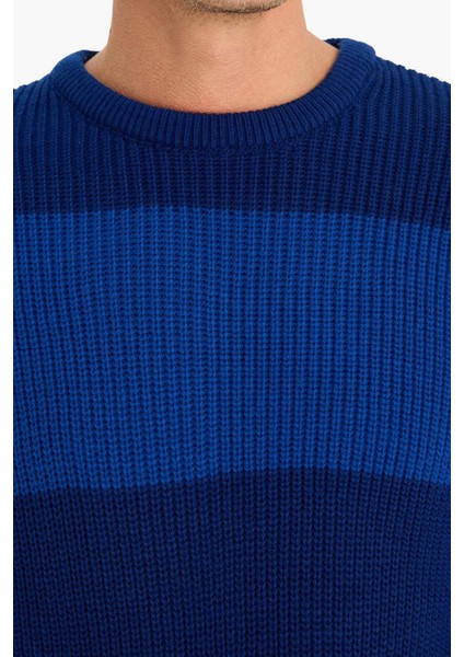 Oversize Geniş Kalıp Bisiklet Yaka Çizgili Triko Kazak E5372AX24WN