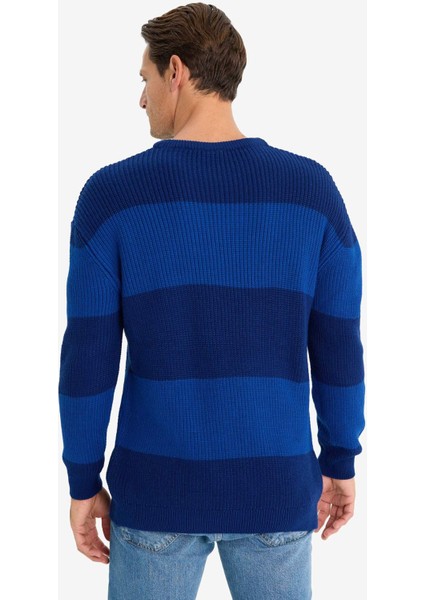 Oversize Geniş Kalıp Bisiklet Yaka Çizgili Triko Kazak E5372AX24WN