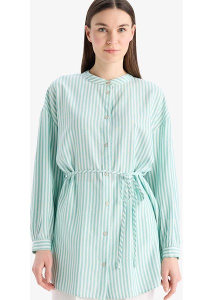 Relax Fit Çizgili Uzun Kollu Bağcıklı Tesettür Gömlek Tunik E5360AX25SP