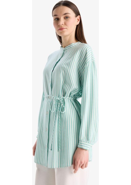 Relax Fit Çizgili Uzun Kollu Bağcıklı Tesettür Gömlek Tunik E5360AX25SP