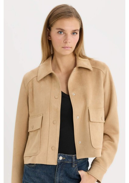 Regular Fit Polo Yaka Cepli Basic Düz Süet Ceket Mont E6033AX25SP