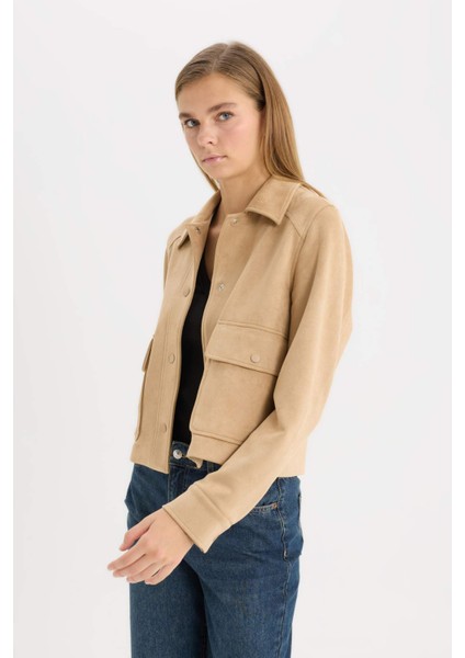 Regular Fit Polo Yaka Cepli Basic Düz Süet Ceket Mont E6033AX25SP