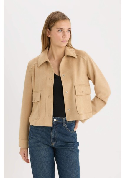 Regular Fit Polo Yaka Cepli Basic Düz Süet Ceket Mont E6033AX25SP