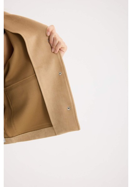 Regular Fit Polo Yaka Cepli Basic Düz Süet Ceket Mont E6033AX25SP