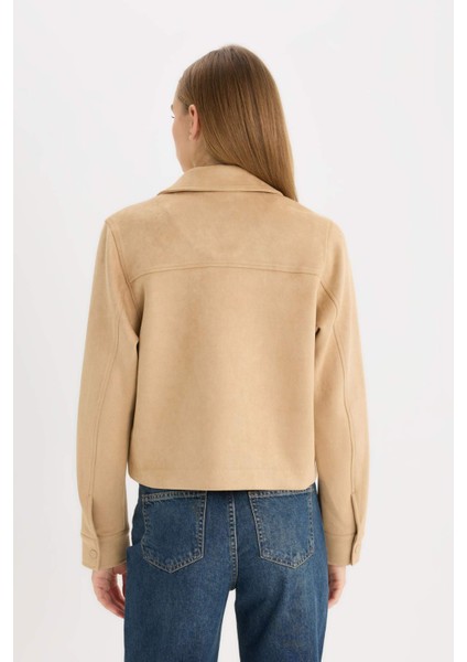 Regular Fit Polo Yaka Cepli Basic Düz Süet Ceket Mont E6033AX25SP