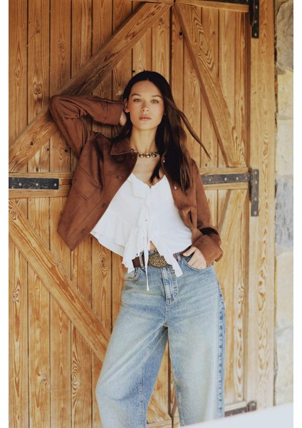 Regular Fit Polo Yaka Cepli Basic Düz Süet Ceket Mont E6033AX25SP