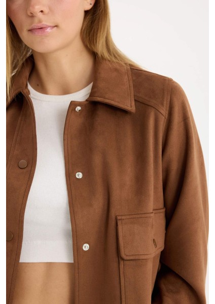 Regular Fit Polo Yaka Cepli Basic Düz Süet Ceket Mont E6033AX25SP