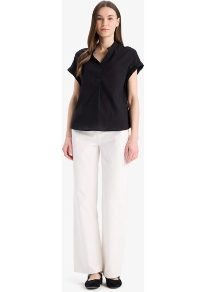 Regular Fit Apaş Yaka Flamlı Pamuk Kısa Kollu Bluz E7105AX25SP