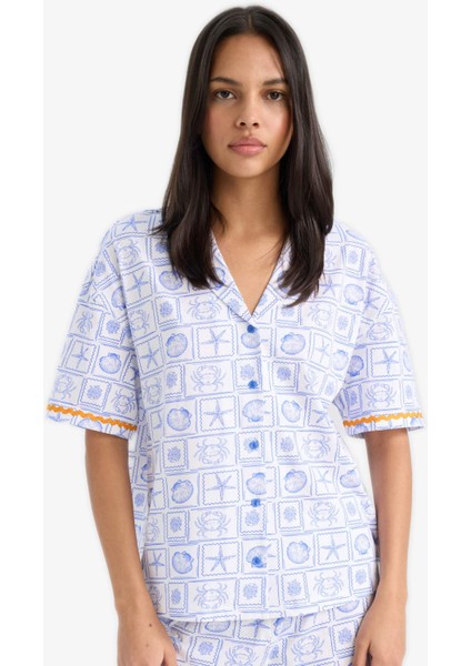 Pijama Takımı Regular Fit Desenli Kısa Kollu Üst Şort-Fall in Love E4630AX25HS