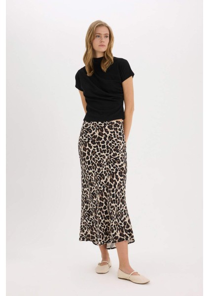 A Kesim Normal Bel Leopar Desenli Saten Maxi Etek D7648AX25SP