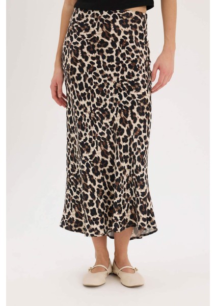 A Kesim Normal Bel Leopar Desenli Saten Maxi Etek D7648AX25SP