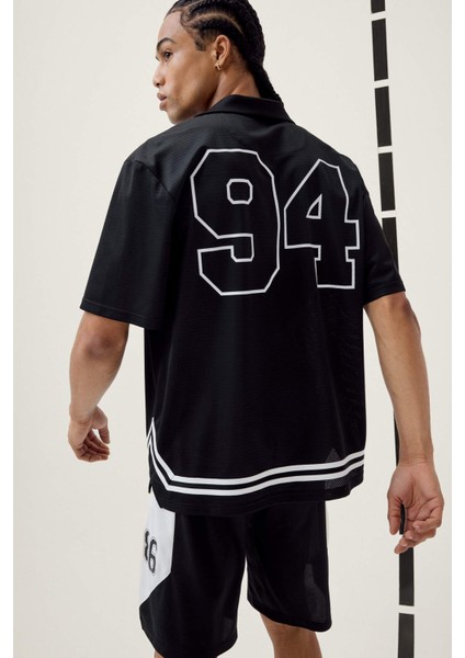 Hızlı Kuruyan Oversize Geniş Kalıp Bisiklet Yaka Sırt Baskılı Sporcu Kısa Kollu Tişört E4126AX25SM